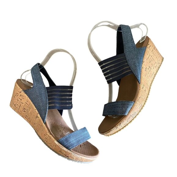 Skechers Beverlee - High Tea Wedge Sandal in Navy Blue Strappy Women's Sz 8 - Picture 9 of 9